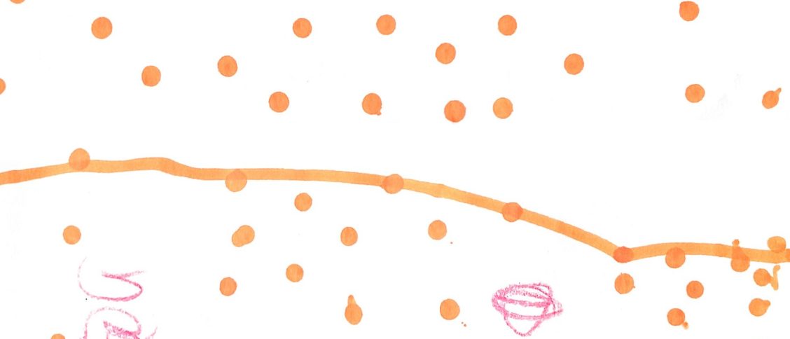 Ručne kreslený obal albumu Zumin s oranžovými bodkami, oranžovou zvlnenou líniou a ružovými kresbami na bielom pozadí.